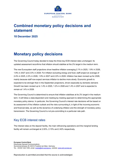Combined monetary policy decisions and statement封面