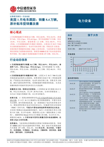美国1月电车跟踪：销量8.4万辆，原补贴车型销量改善封面