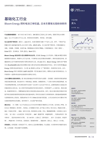 基础化工行业:Bloom Energy 燃料电池订单旺盛,日本东曹氧化锆粉体断供封面
