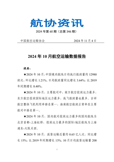 2024年10月航空运输数据报告封面