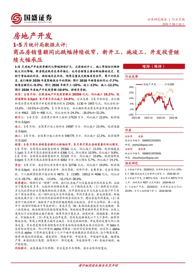 房地产开发：1-5月统计局数据点评：商品房销售额同比跌幅持续收窄，新开工、施竣工、开发投资继续大幅承压封面