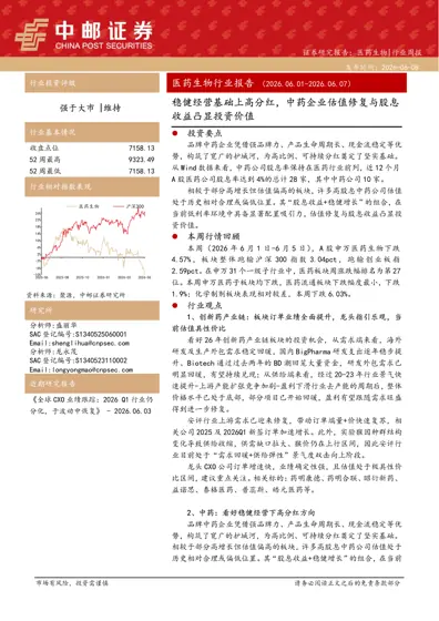 医药生物行业报告(2026.06.01-2026.06.07)稳健经营基础上高分红,中药企业估值修复与股息收益凸显投资价值封面