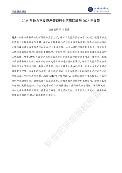 2025 年地方不良资产管理行业信用回顾与2026 年展望封面