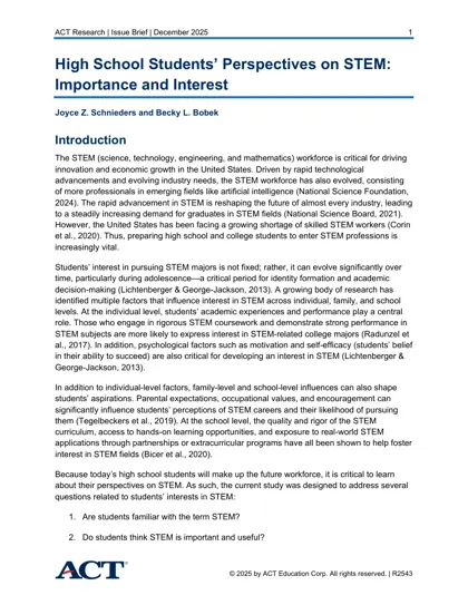 High School Students’ Perspectives on STEM: Importance and Interest封面