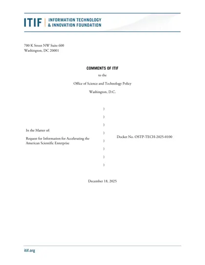 Comments of ITIF to the Office of Science and Technology Policy: Request for Information for Accelerating the American Scientific Enterprise封面