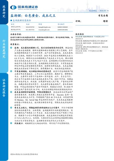 盐湖锂：白色黄金，成本之王封面