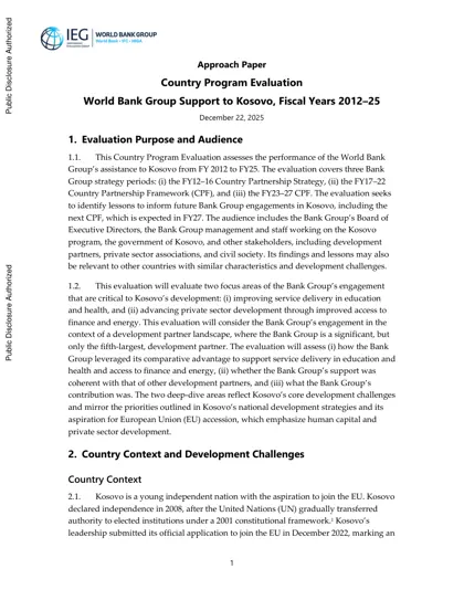 Country Program Evaluation: World Bank Group Support to Kosovo, Fiscal Years 2012–25封面