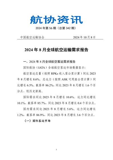 2024年8月全球航空运输需求报告封面