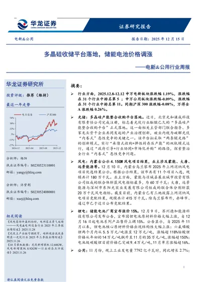 多晶硅收储平台落地，储能电池价格调涨——电新&公用行业周报封面