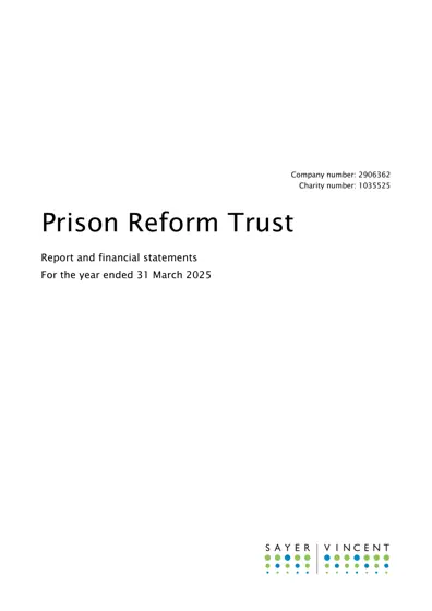 Prison Reform Trust Report and financial statements For the year ended 31 March 2025封面