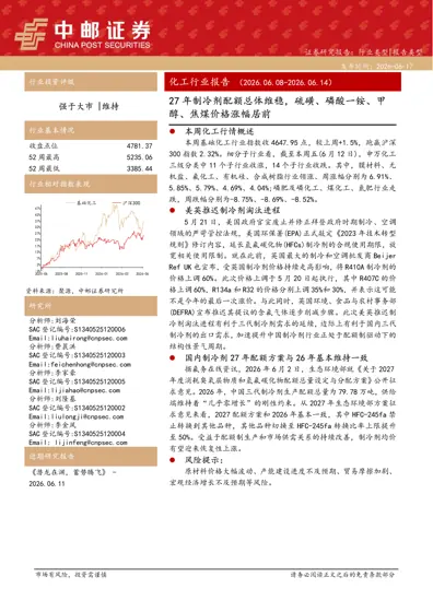 27年制冷剂配额总体维稳，硫磺、磷酸一铵、甲醇、焦煤价格涨幅居前封面