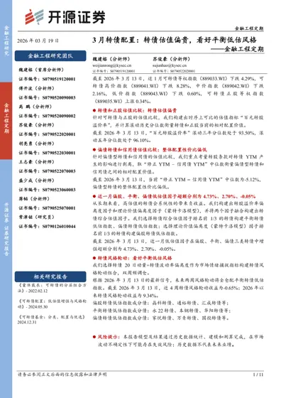 3月转债配置:转债估值偏贵,看好平衡低估风格——金融工程定期封面