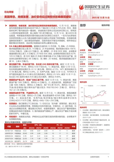 石化周报：美国降息、地缘发酵，油价受供应过剩担忧影响表现疲软封面