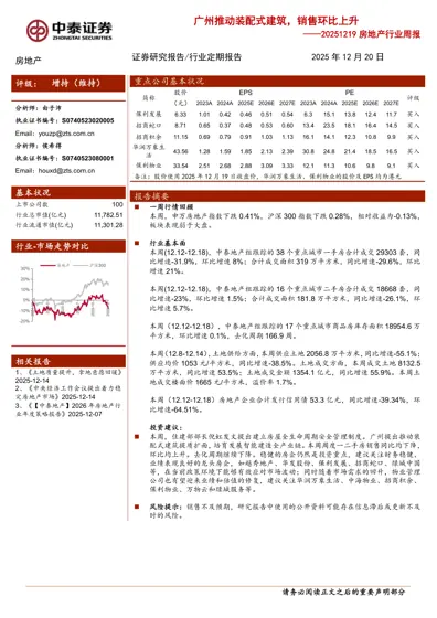 广州推动装配式建筑，销售环比上升——20251219 房地产行业周报封面