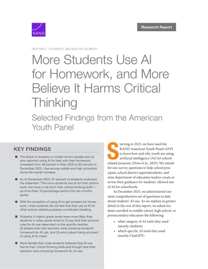 More Students Use AI for Homework, and More Believe It Harms Critical Thinking封面