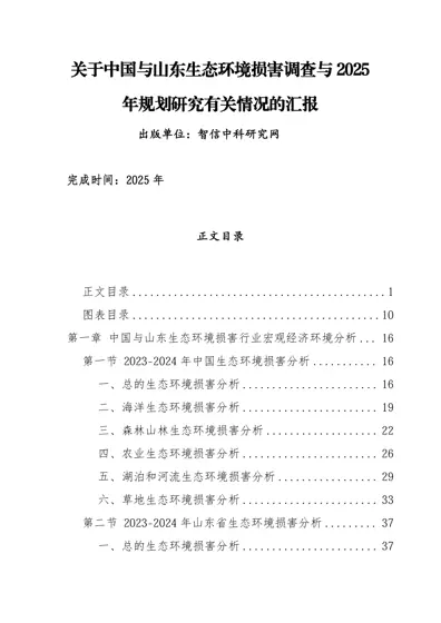 关于中国与山东生态环境损害调查与2025年规划研究有关情况的汇报封面