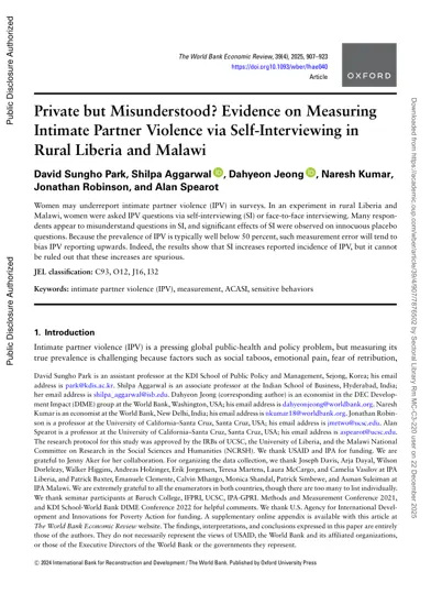 Private but Misunderstood? Evidence on Measuring Intimate Partner Violence via Self-Interviewing in Rural Liberia and Malawi封面
