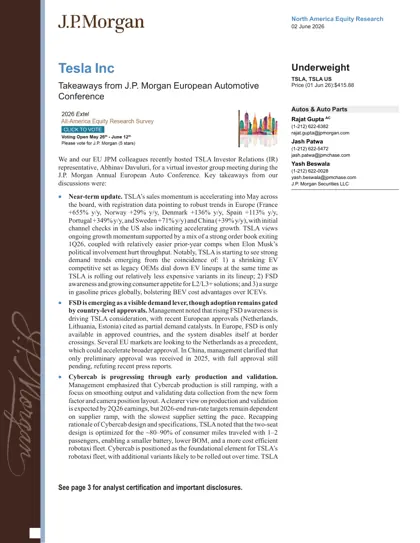 Tesla Inc - Takeaways from J.P. Morgan European Automotive Conference封面