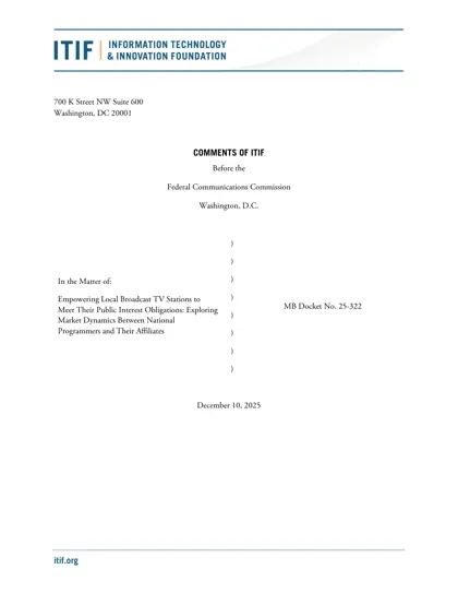 Comments of ITIF Before the Federal Communications Commission: Empowering Local Broadcast TV Stations to Meet Their Public Interest Obligations封面