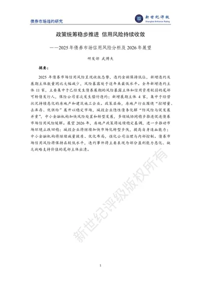 2025 年债券市场信用风险分析及2026 年展望封面