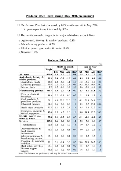 Producer Price Index during May 2026(preliminary)封面