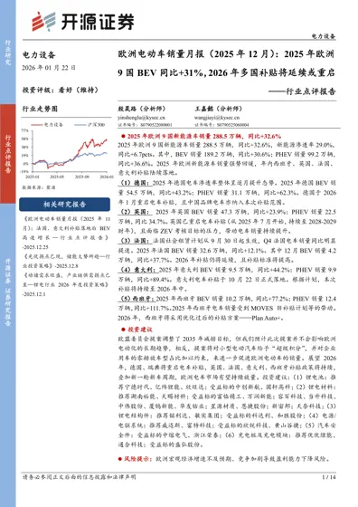 欧洲电动车销量月报(2025年12月):2025年欧洲9国BEV同比+31%,2026年多国补贴将延续或重启封面