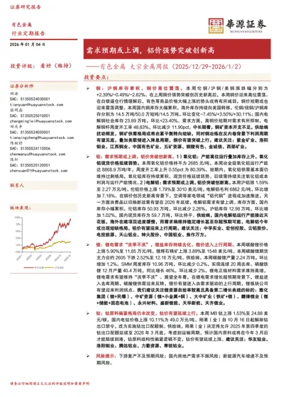 需求预期或上调，铝价强势突破创新高——有色金属大宗金属周报（2025/12/29-2026/1/2）封面