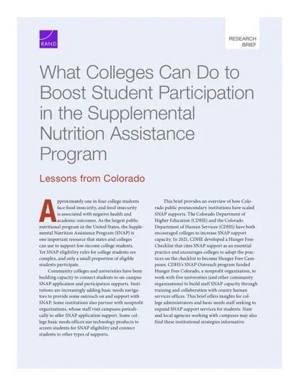 What Colleges Can Do to Boost Student Participation in the Supplemental Nutrition Assistance Program: Lessons from Colorado封面