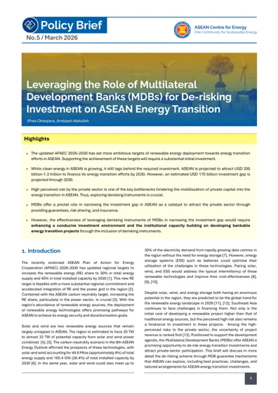 Leveraging the Role of Multilateral Development Banks (MDBs) for De-risking Investment on ASEAN Energy Transition封面