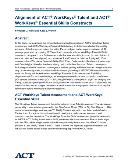 Alignment of ACT® WorkKeys® Talent and ACT® WorkKeys® Essential Skills Constructs封面