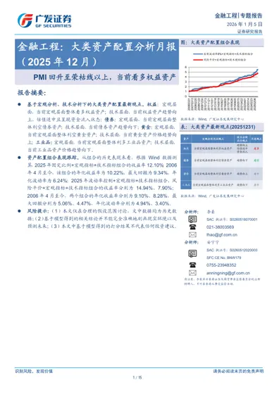 金融工程：大类资产配置分析月报（2025年12月）PMI回升至荣枯线以上，当前看多权益资产封面
