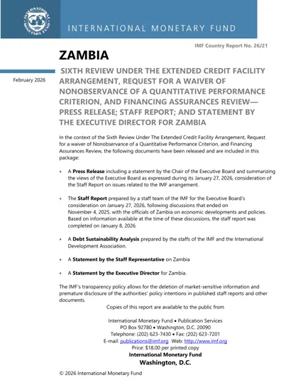 ZAMBIA SIXTH REVIEW UNDER THE EXTENDED CREDIT FACILITY ARRANGEMENT, REQUEST FOR A WAIVER OF NONOBSERVANCE OF A QUANTITATIVE PERFORMANCE CRITERION, AND FINANCING ASSURANCES REVIEW—PRESS RELEASE; STAFF REPORT; AND STATEMENT BY THE EXECUTIVE DIRECTOR FOR ZAMBIA封面
