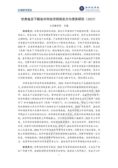 甘肃省及下辖各州市经济财政实力与债务研究（2025）封面