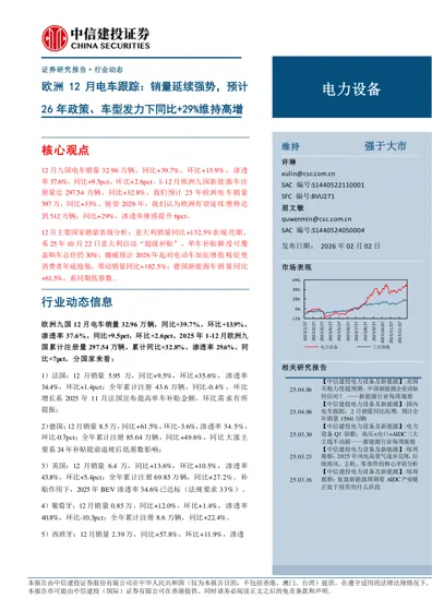 欧洲12月电车跟踪:销量延续强势,预计26年政策、车型发力下同比+29%维持高增封面